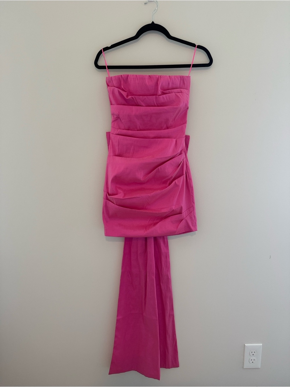 Pink Ruched Strapless Cocktail Dress with Draped Tail